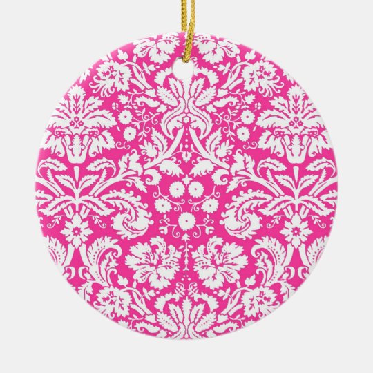 Hot pink damask pattern ceramic ornament
