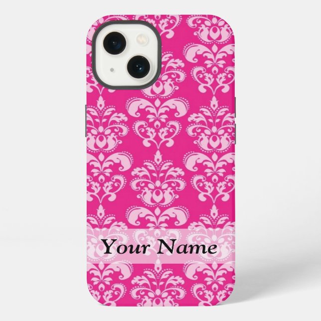 Hot pink damask pattern iphone case (Back)