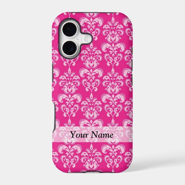 Hot pink damask pattern iphone case (Back)