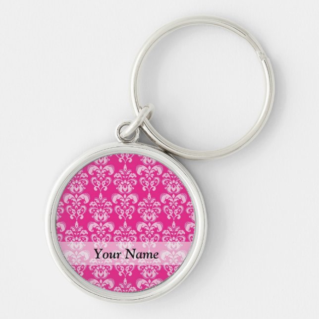 Hot pink damask pattern keychain (Front)