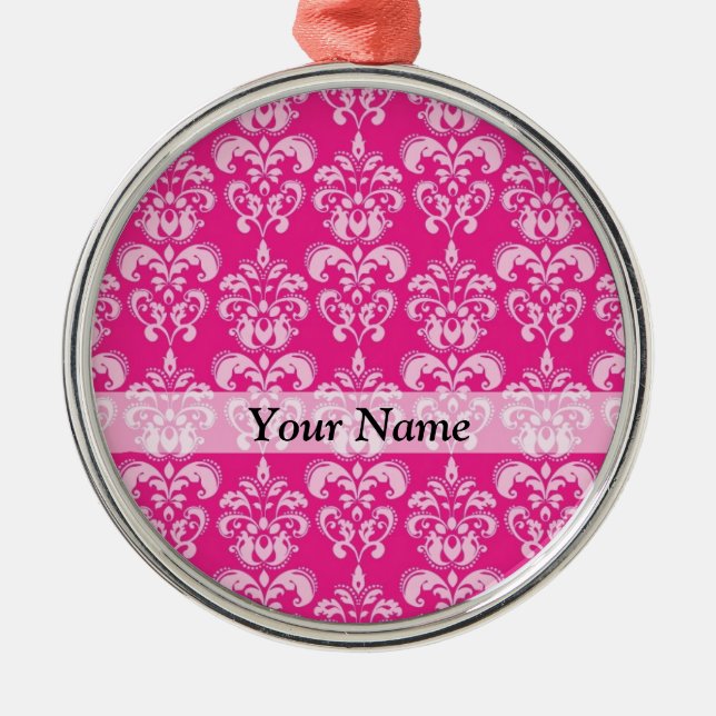Hot pink damask pattern metal ornament (Front)