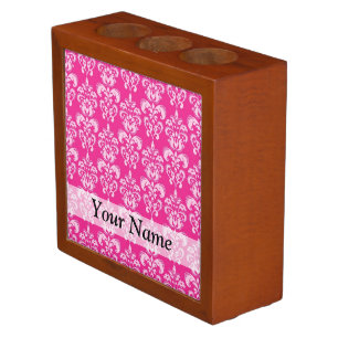 Hot pink damask pattern pencil holder