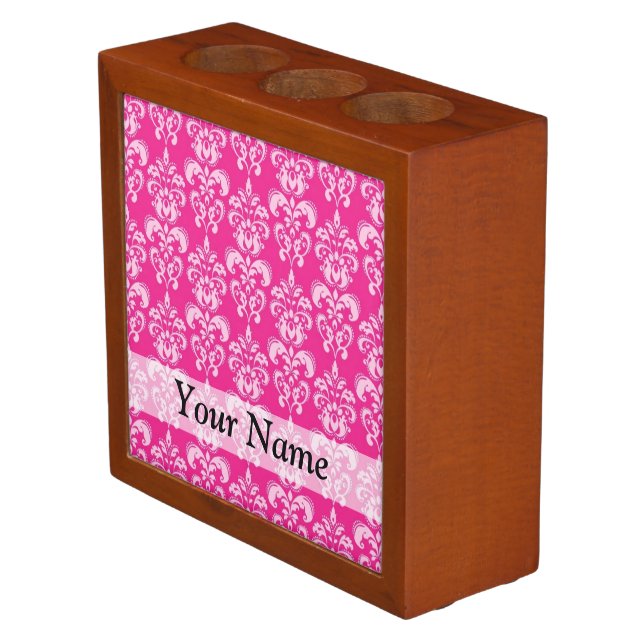 Hot pink damask pattern pencil holder (Angled)