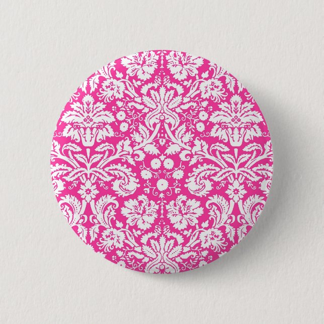 Hot pink damask pattern pinback button (Front)