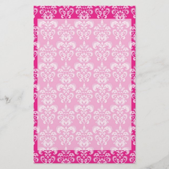 Hot pink damask pattern stationery (Front)
