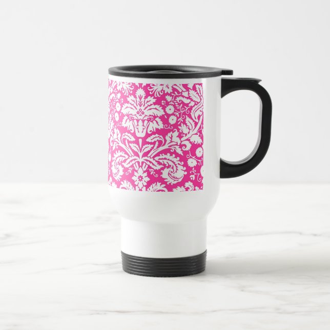 Hot pink damask pattern travel mug (Right)