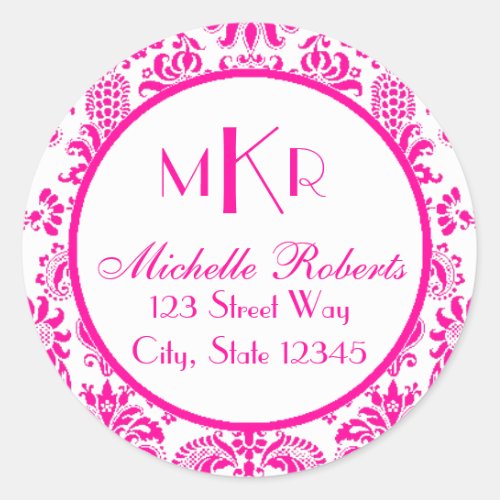 Hot Pink Damask Round Return Address Label