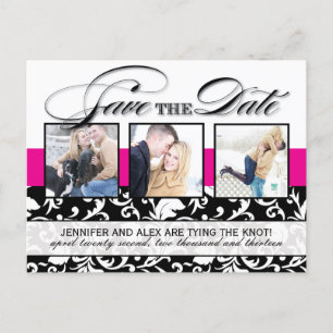 Hot Pink Damask Save the Date Announcement Postcard