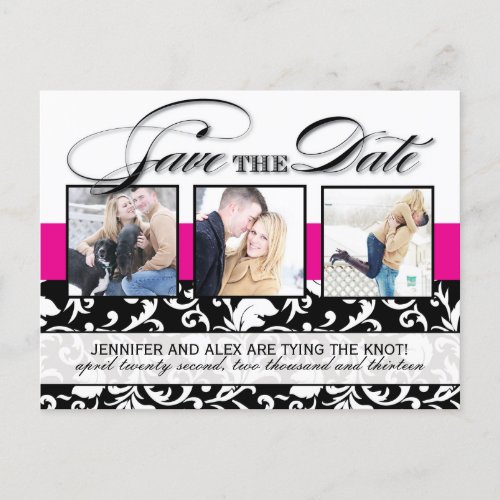 Hot Pink Damask Save the Date Announcement Postcard