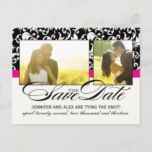 Hot Pink Damask Save the Date Announcement Postcard
