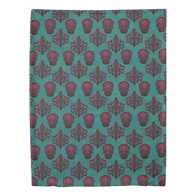 Hot Pink Damask Skulls on Teal Duvet Cover (Front)
