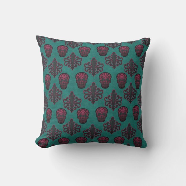Hot Pink Damask Skulls On Teal Throw Pillow (Front)