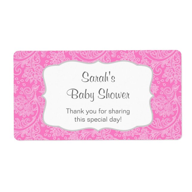 hot pink Damask Water Bottle favor u customize Label (Front)