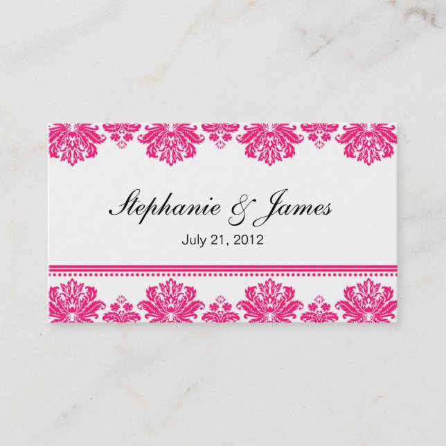 Hot Pink Damask Wedding Business Card (Front)