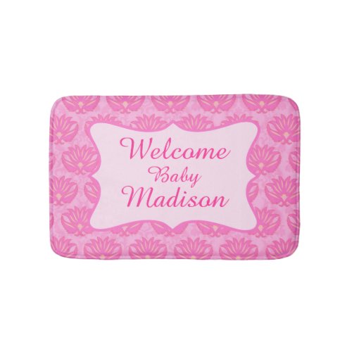 Hot Pink Damask Welcome Name Personalized Baby Rug