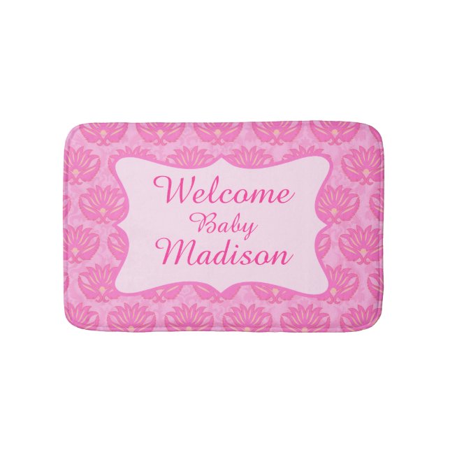 Hot Pink Damask Welcome Name Personalized Baby Rug (Front)