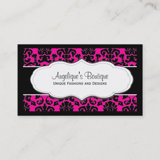 Hot Pink Damask with black frame Business Card (Front)