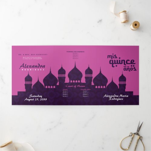 Hot Pink Dark Purple Arabian Nights Quinceaera Tri_Fold Invitation