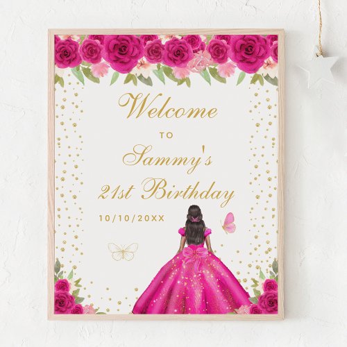 Hot Pink Dark Skin Girl Birthday Party Welcome Poster