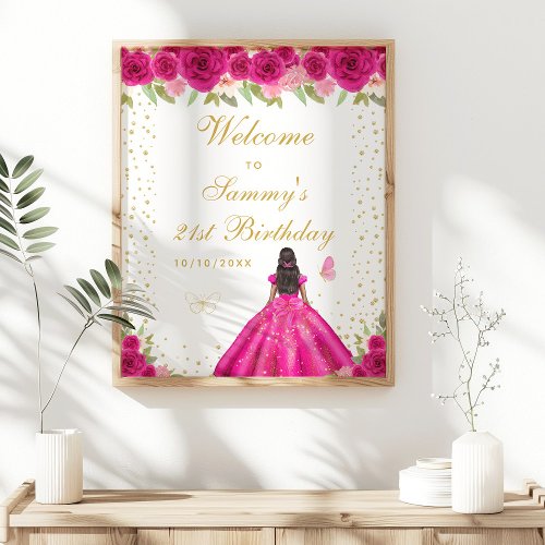 Hot Pink Dark Skin Girl Birthday Party Welcome Poster