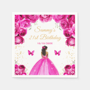 Hot Pink Dark Skin Princess Birthday Party Napkins