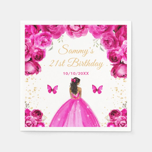 Hot Pink Dark Skin Princess Birthday Party Napkins (Front)