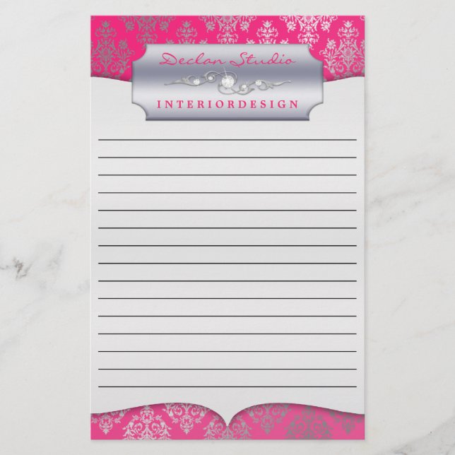 Hot Pink Dashing Damask Lined Business Stationary Stationery (Front)