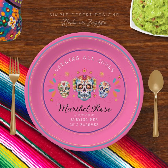 Hot Pink Day of the Dead Sugar Skull Birthday Paper Plates (Hot pink calavera day of the dead dia de los muertos birthday party sugar skull paper plates custom)