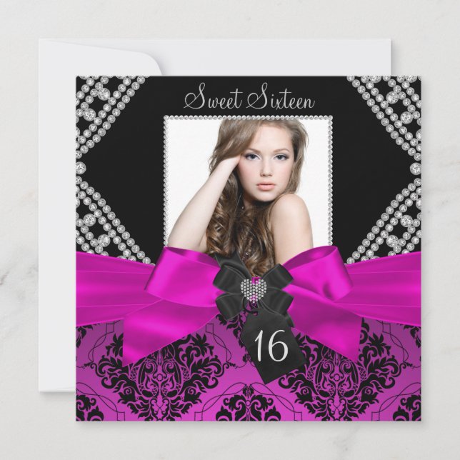 Hot Pink Diamond Bow & Black Damask Photo Sweet 16 Invitation (Front)