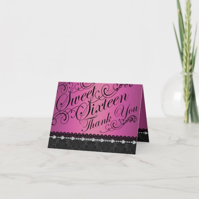 Hot Pink Diamond & Damask sweet16 Thank You card (Front)