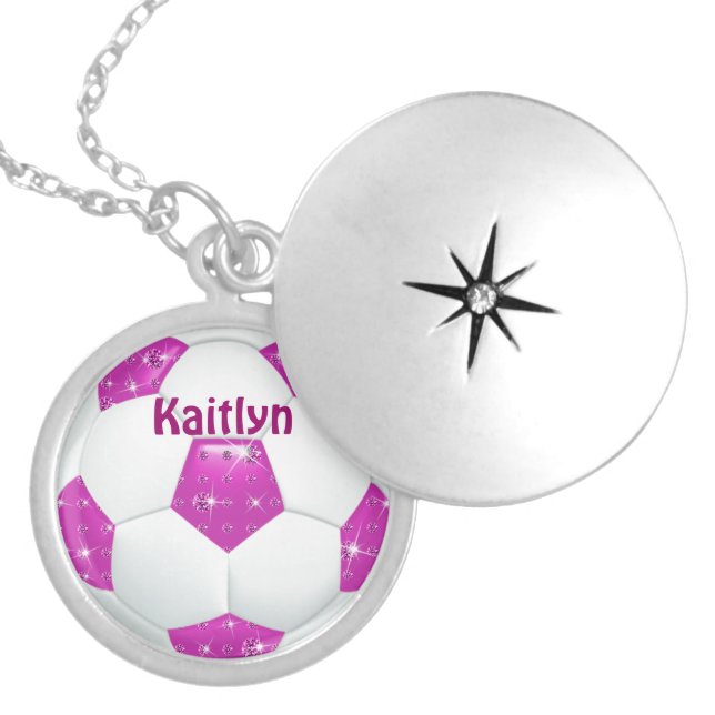 Hot Pink Diamond Gemstones Soccer Ball Locket Necklace (Front)