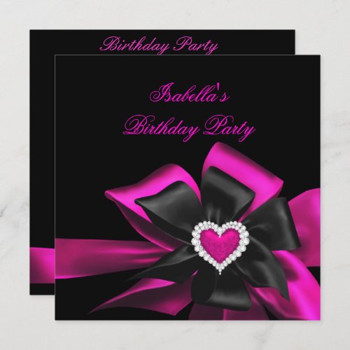 Hot Pink Diamond Heart Black Bow Birthday Party Invitation