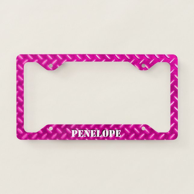 Hot Pink Diamond Plate With Your Name License Plate Frame (Front)