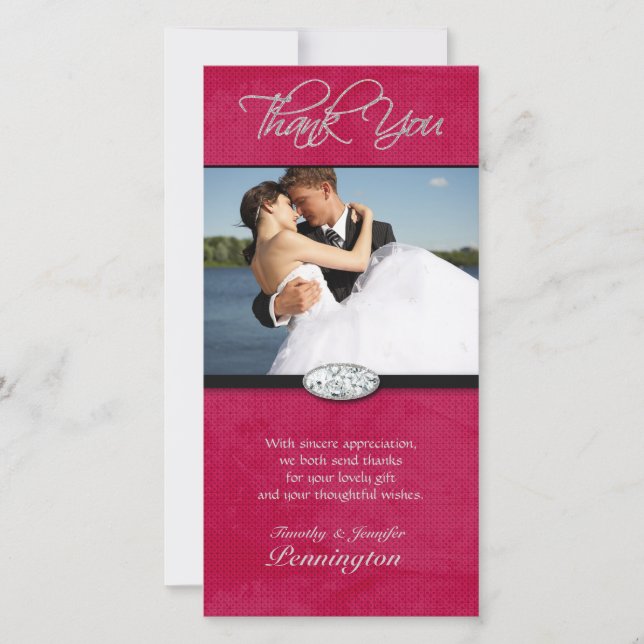 Hot pink diamond wedding thank you photocard card (Front)