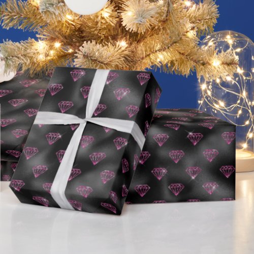 Hot Pink Diamonds on Black Wrapping Paper
