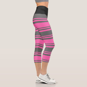 Hot Pink & Dim Gray Colored Striped/Lined Pattern Capri Leggings