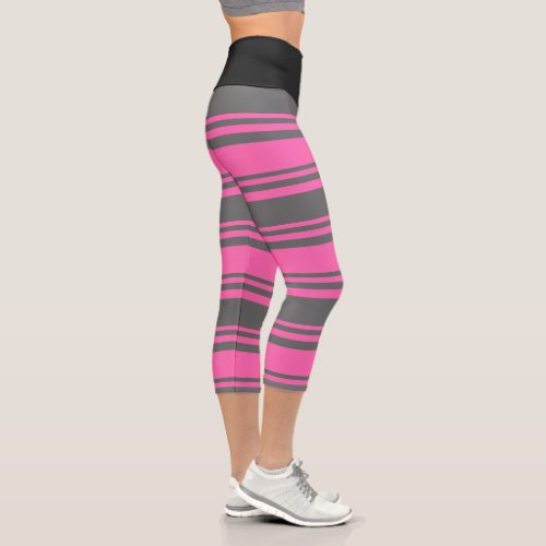 Hot Pink  Dim Gray Colored StripedLined Pattern Capri Leggings