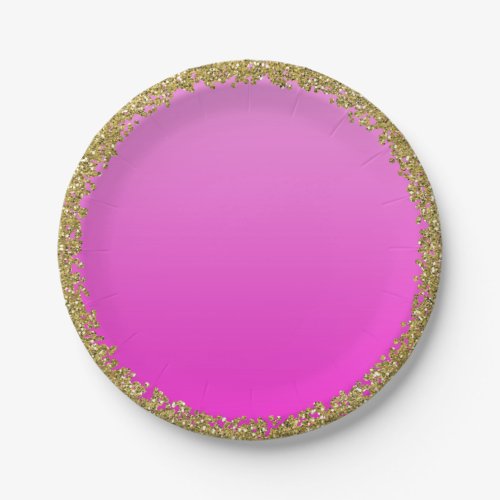 Hot Pink Dipped Gold Glitter Glam Sparkle Party Paper Plates