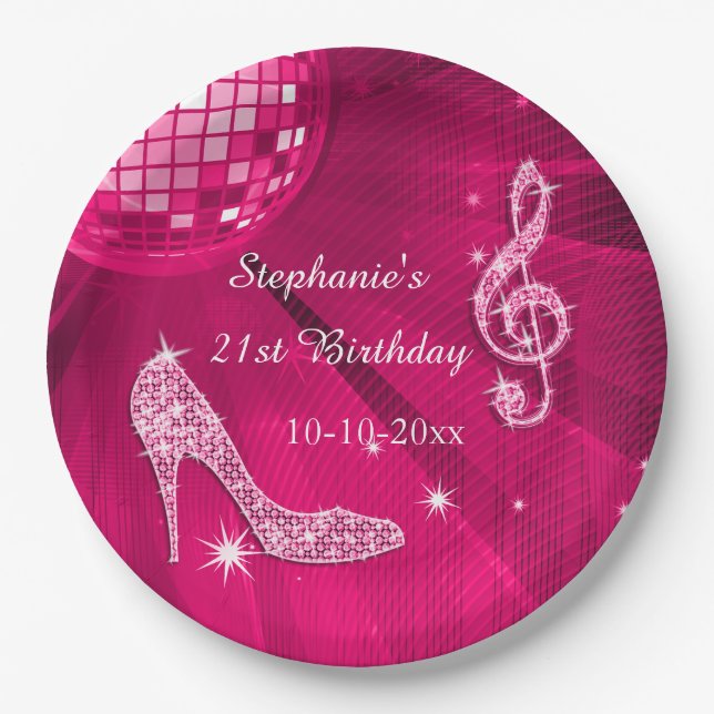 Hot Pink Disco Ball and Heels 21st Birthday Paper Plates (Front)