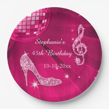 Hot Pink Disco Ball And Heels 45th Birthday Paper Plates by Sarah_Designs at Zazzle