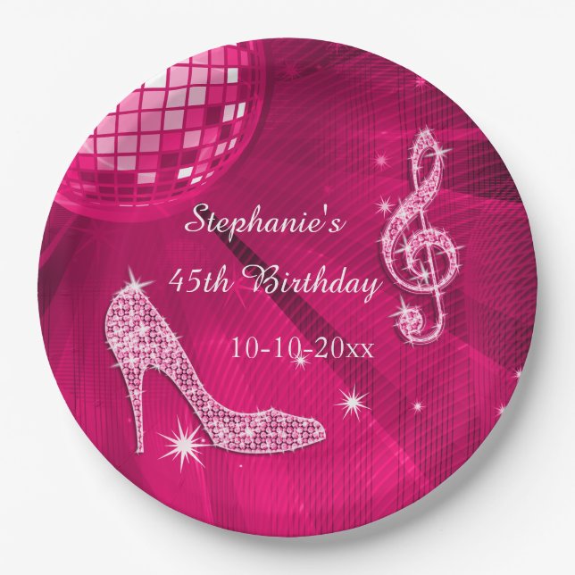 Hot Pink Disco Ball and Heels 45th Birthday Paper Plates (Front)