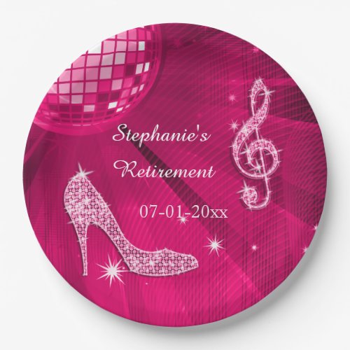 Hot Pink Disco Ball and Heels Retirement Paper Plates