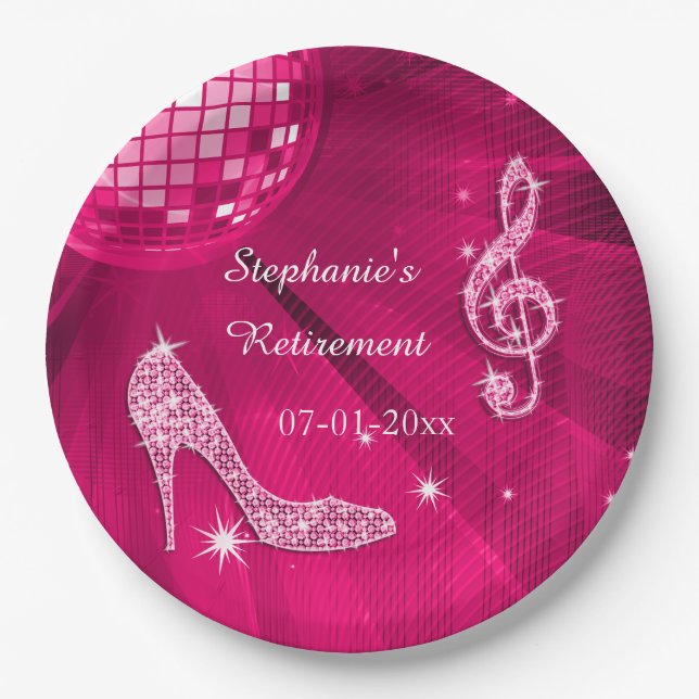 Hot Pink Disco Ball and Heels Retirement Paper Plates (Front)