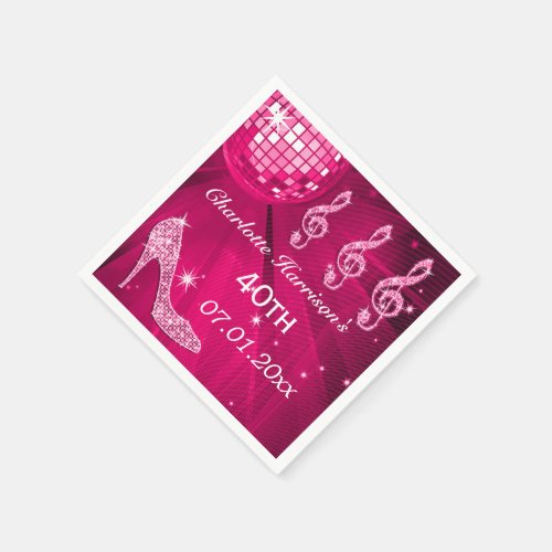 Hot Pink Disco Ball and Sparkle Heels 40th Paper Napkins