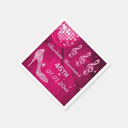 Hot Pink Disco Ball and Sparkle Heels 45th Napkins