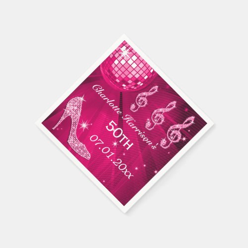 Hot Pink Disco Ball and Sparkle Heels 50th Napkins