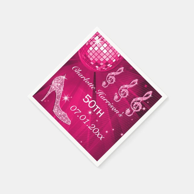 Hot Pink Disco Ball and Sparkle Heels 50th Napkins (Corner)
