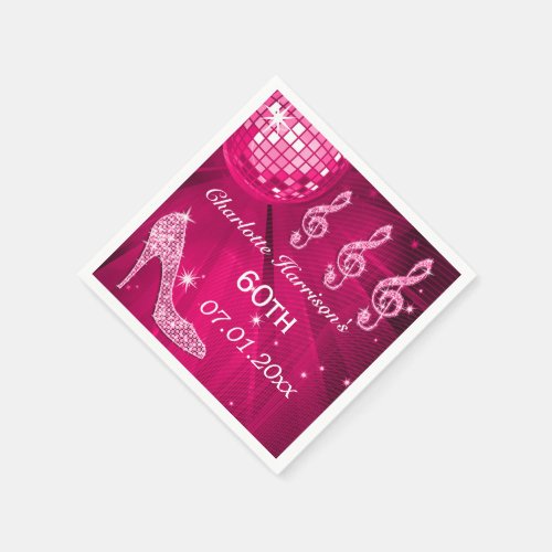 Hot Pink Disco Ball and Sparkle Heels 60th Napkins