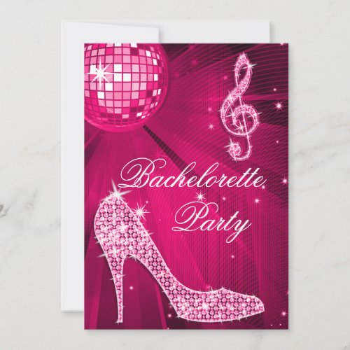 Hot Pink Disco Ball and Sparkle Heels Bachelorette Invitation