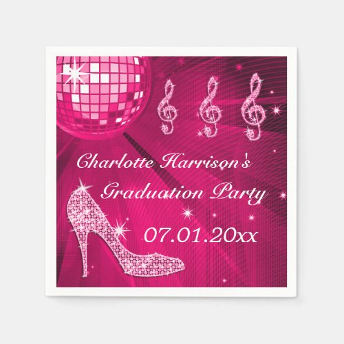 Hot Pink Disco Ball and Sparkle Heels Graduation Paper Napkins